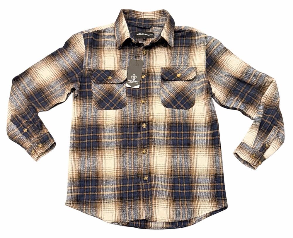 Molokai Surf Co. Flannel Button Up Longsleeve Plaid Shirt Blue/White/Brown Sz S